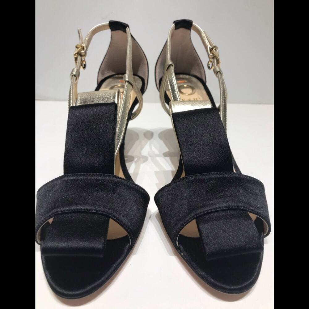 O Jour black satin and gold mid heel sandal